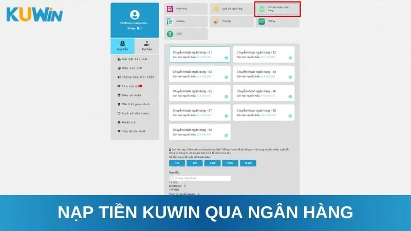 Nạp tiền Kuwin qua ngân hàng