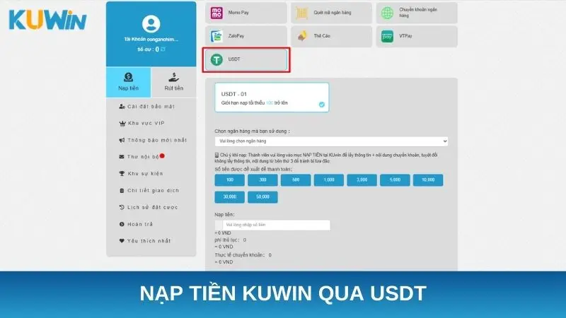 Nạp tiền Kuwin qua USDT