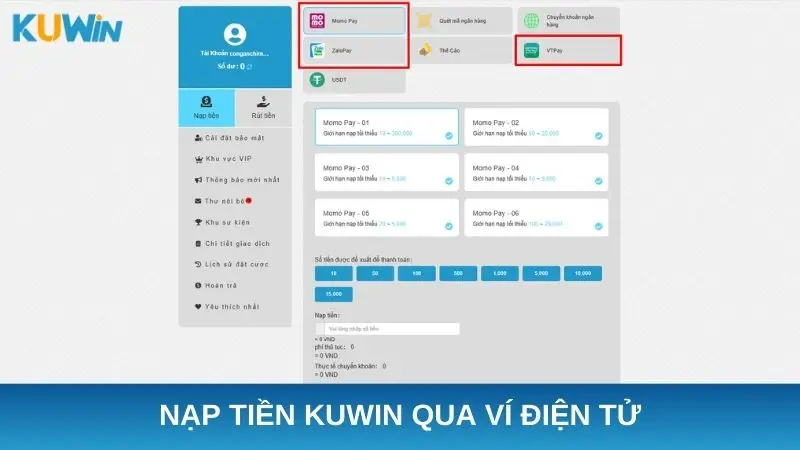 Nạp tiền Kuwin qua ví điện tử