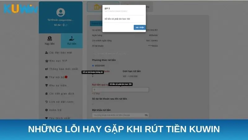 Những lỗi hay gặp khi rút tiền Kuwin