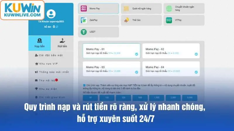 Nạp rút nhanh, minh bạch, hỗ trợ 24/7.