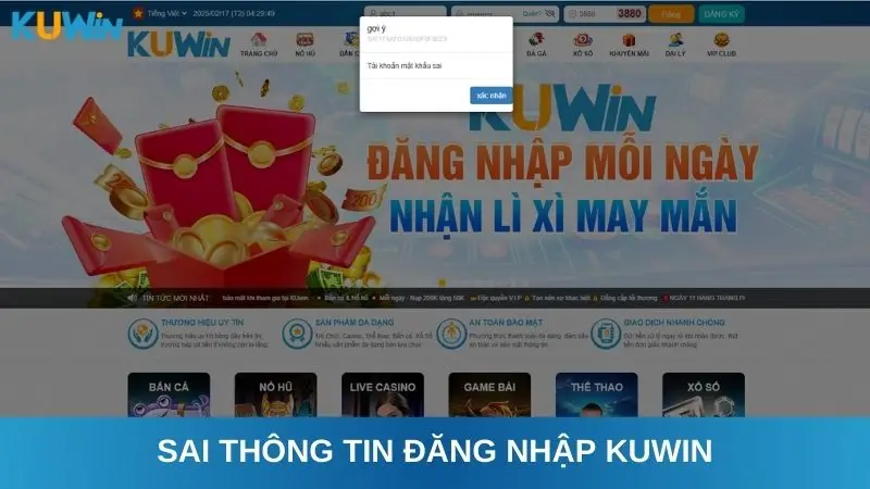 Sai thông tin đăng nhập Kuwin